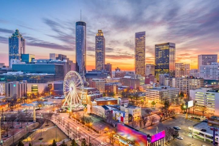 Atlanta's skyline at sunset, with ferris wheel visible