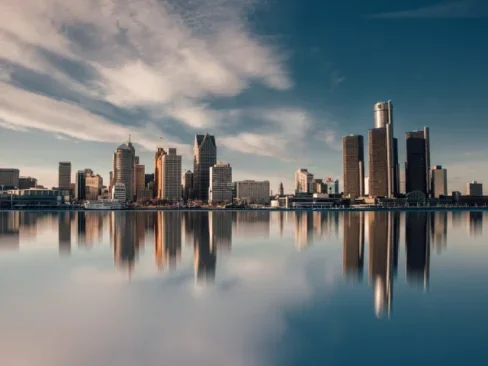 Detroit's skyline on a clear and sunny day