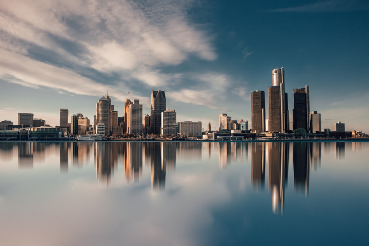 Detroit's skyline on a clear and sunny day