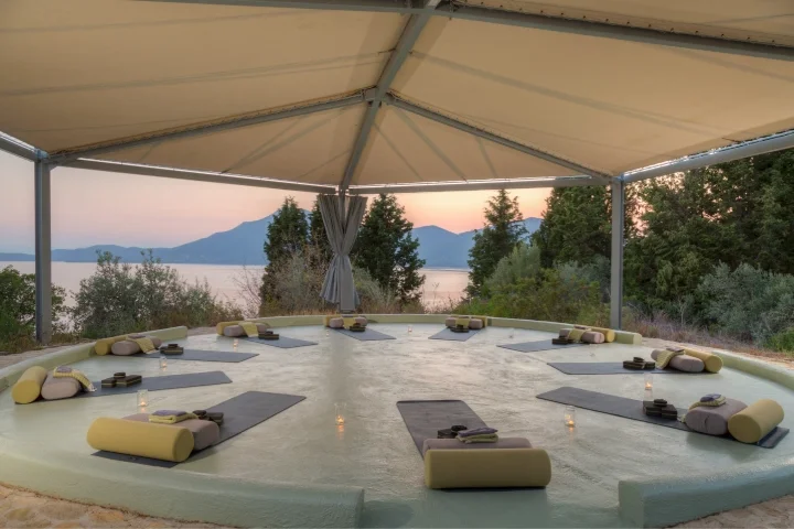 The yoga space on the Silver Island resort in Greece, at sunset