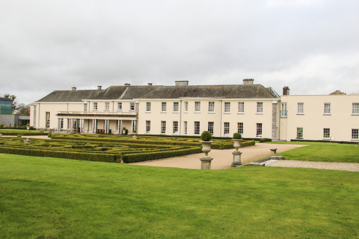 Cloudy day at Castlemartyr resort in county Cork Ireland, its white front visible in the picture
