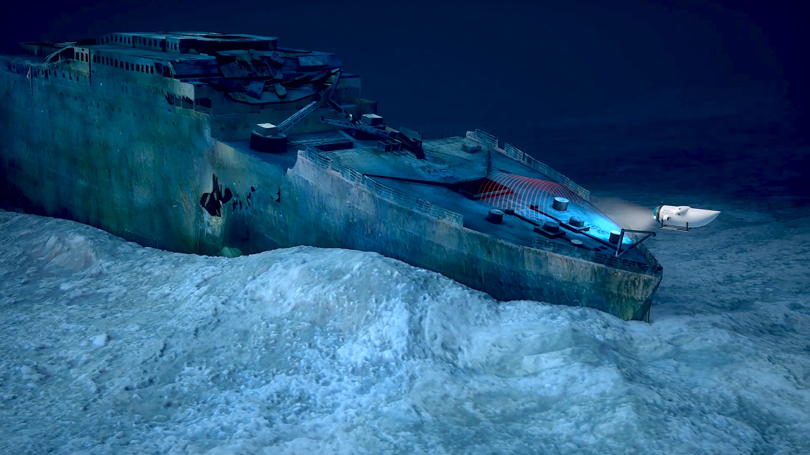 Submarine visiting the Titanic