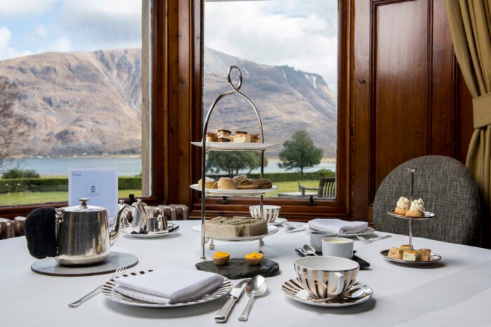 afternoon tea with view over scottish highlands