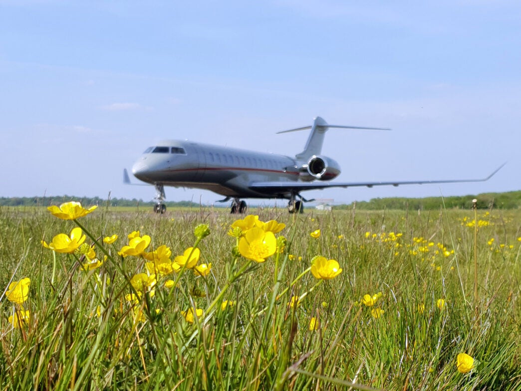 VistaJet plane in front of flowers