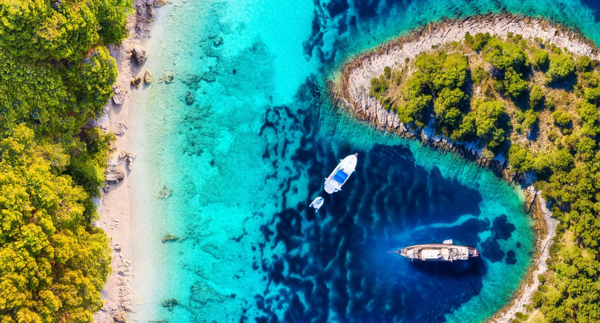 Birds eye view of blue Sea in Croatia with two boats