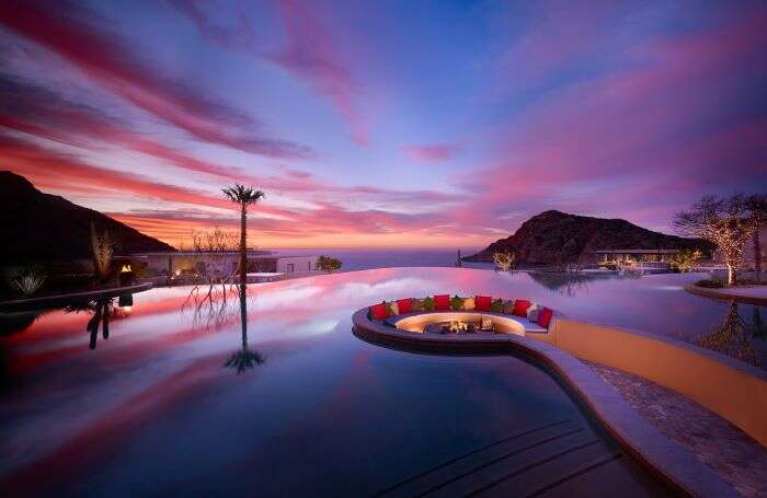 Firepit at Montage Los Cabos with sunset in background