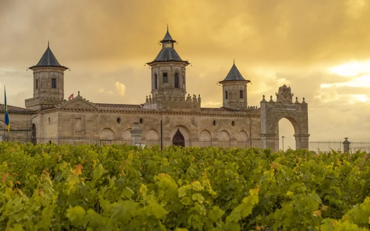 The towers of Cos d'Estournel, Bordeaux at sunset. The vines surround this winery.