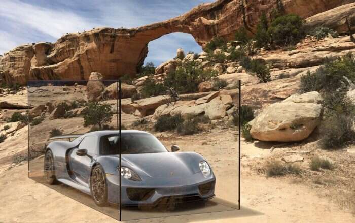 Grey Porsche in glass case