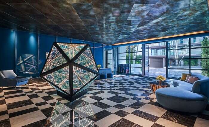 The bold dark blue lobby at the Pendry West Hollywood 