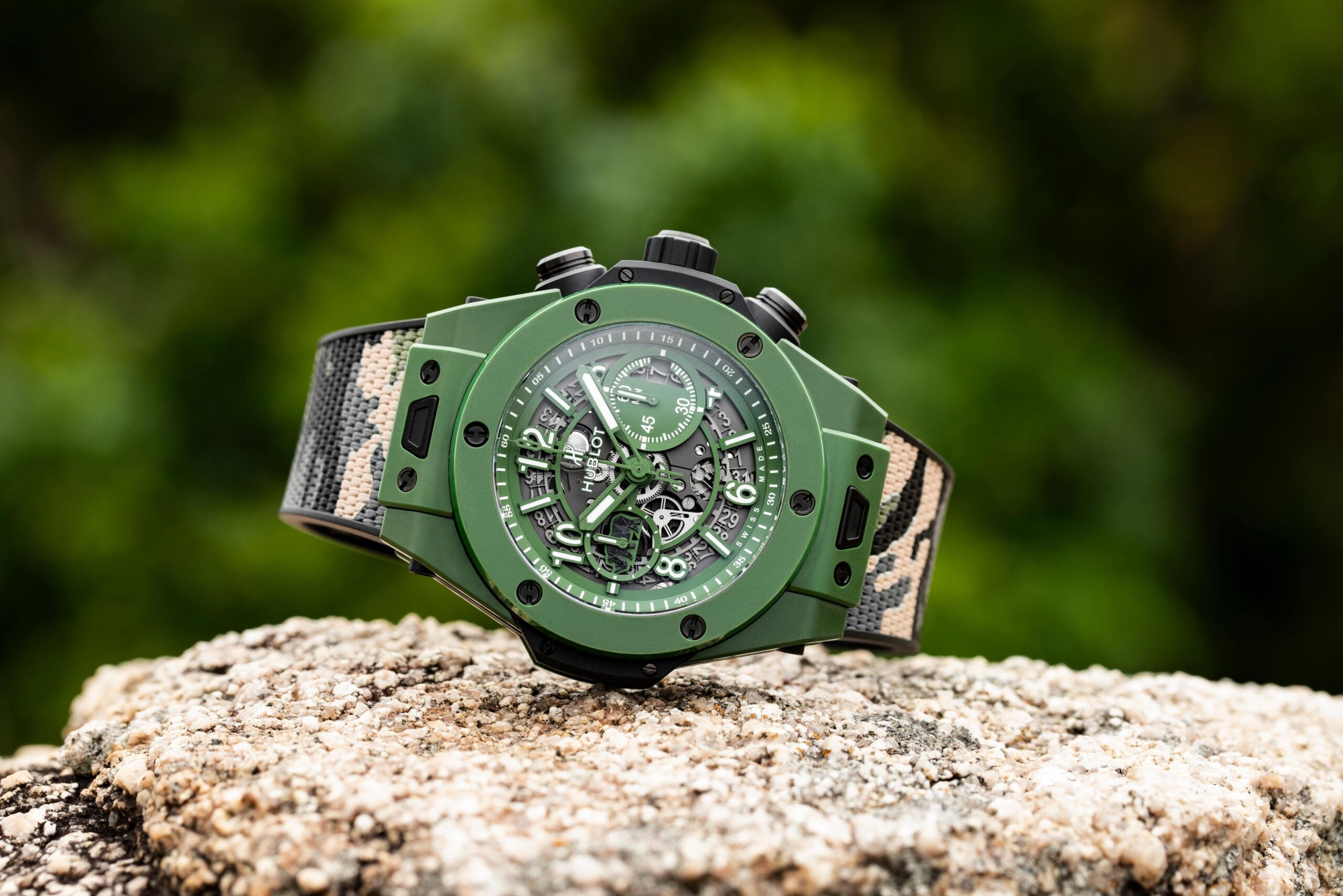 hublot SORAI watch on rock outdoors