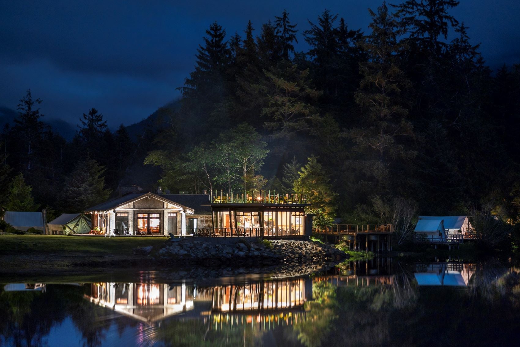 Main Lodge exterior at night