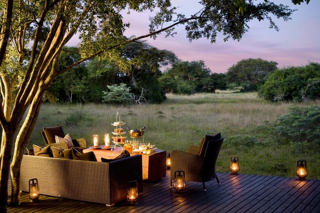 Outdoor deck at Phinda Forest Lodge sunset