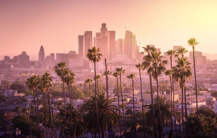 Pink sunset on the city of Los Angeles, California