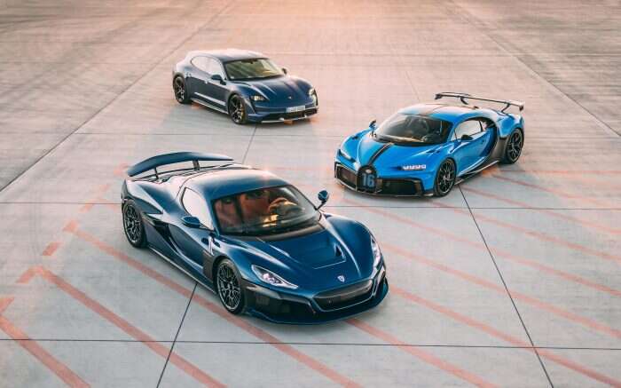 three bugatti rimac cars on track