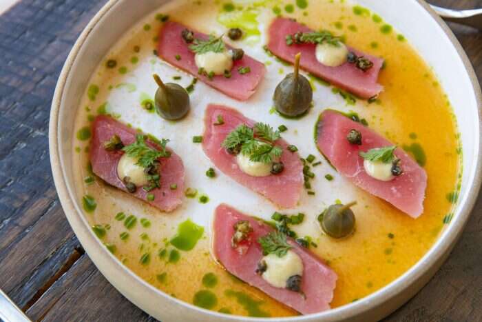 tuna crudo dish by denevin miranda at 1 hotel brooklyn bridge
