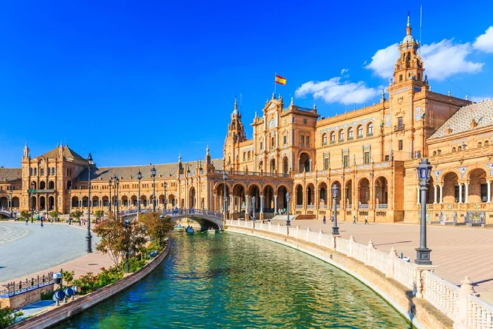 Plaza de España in Seville, Spain, on a sunny summer day