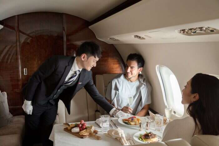 Private jet long haul flight dining