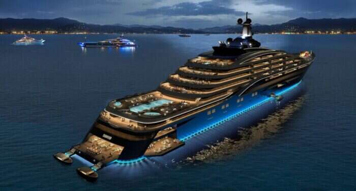 Exterior rendering of superyacht Somino at night in the water