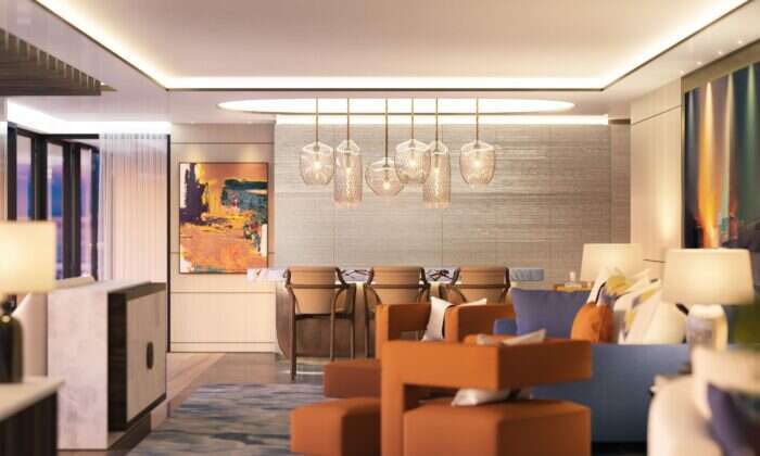 Interior rendering of living area in apartment onboard Somino 