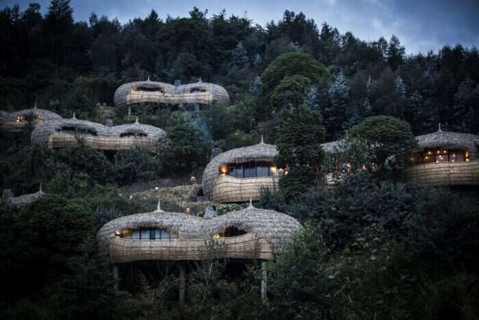 The thatched villas surrounded by trees at Bisate Lodge, Rwanda
