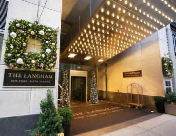 Exterior of The Langham in New York with Christmas decorations