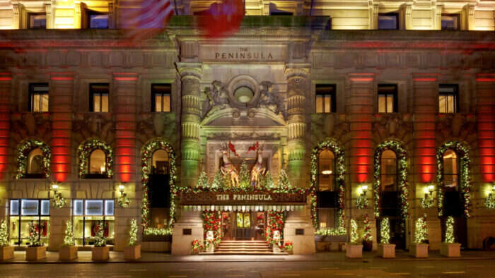 Exterior of The Peninsula with Christmas decorations in New York