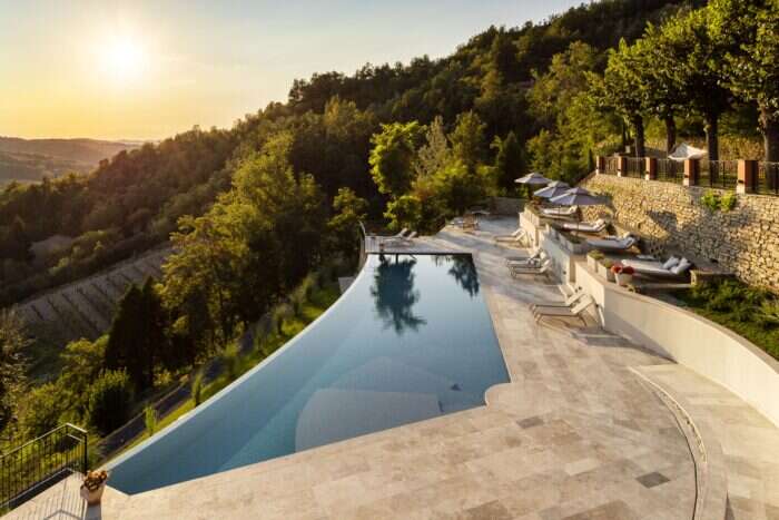 One of the season pools overlooking the Piedmont hills at Nordelaia
