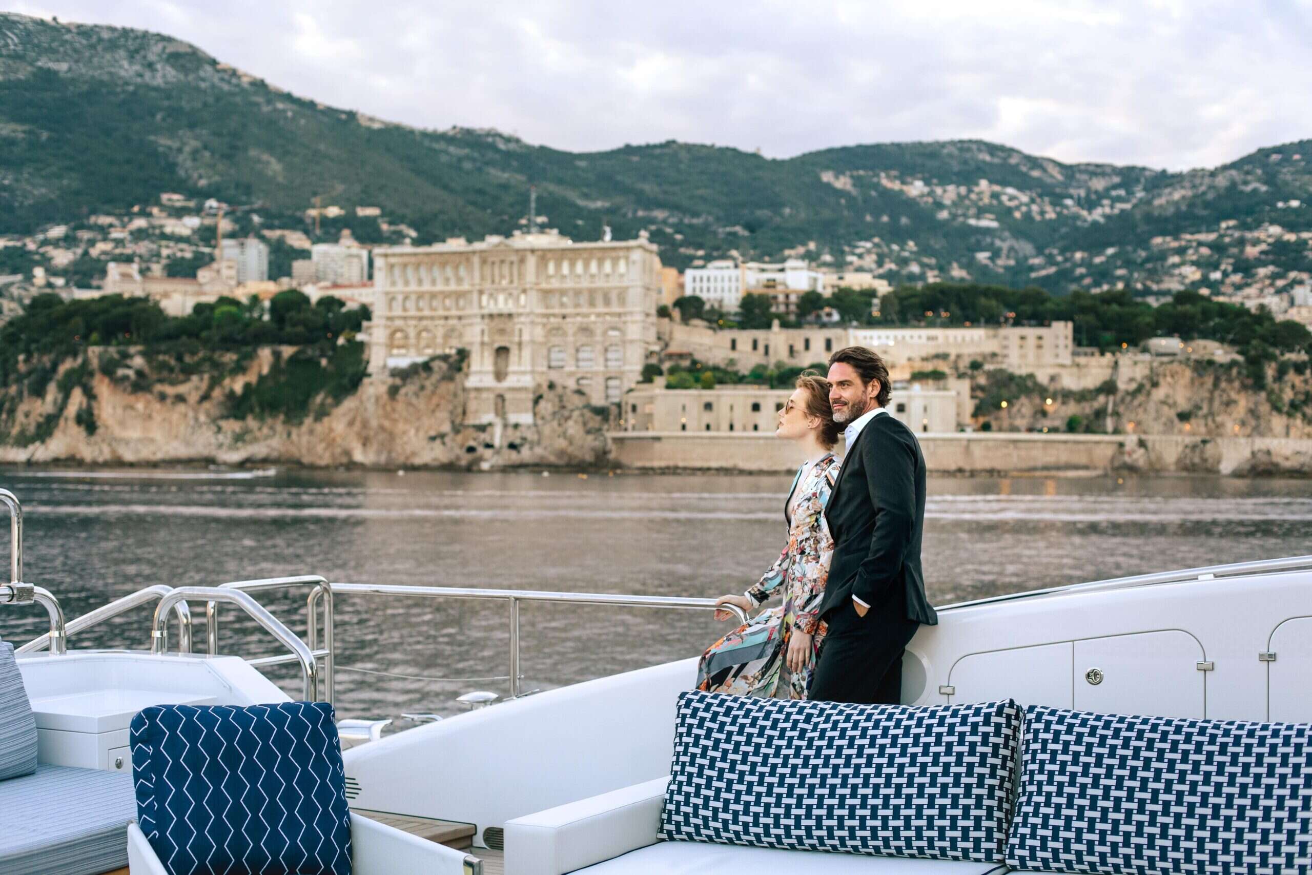 couple on yacht during wedding proposal