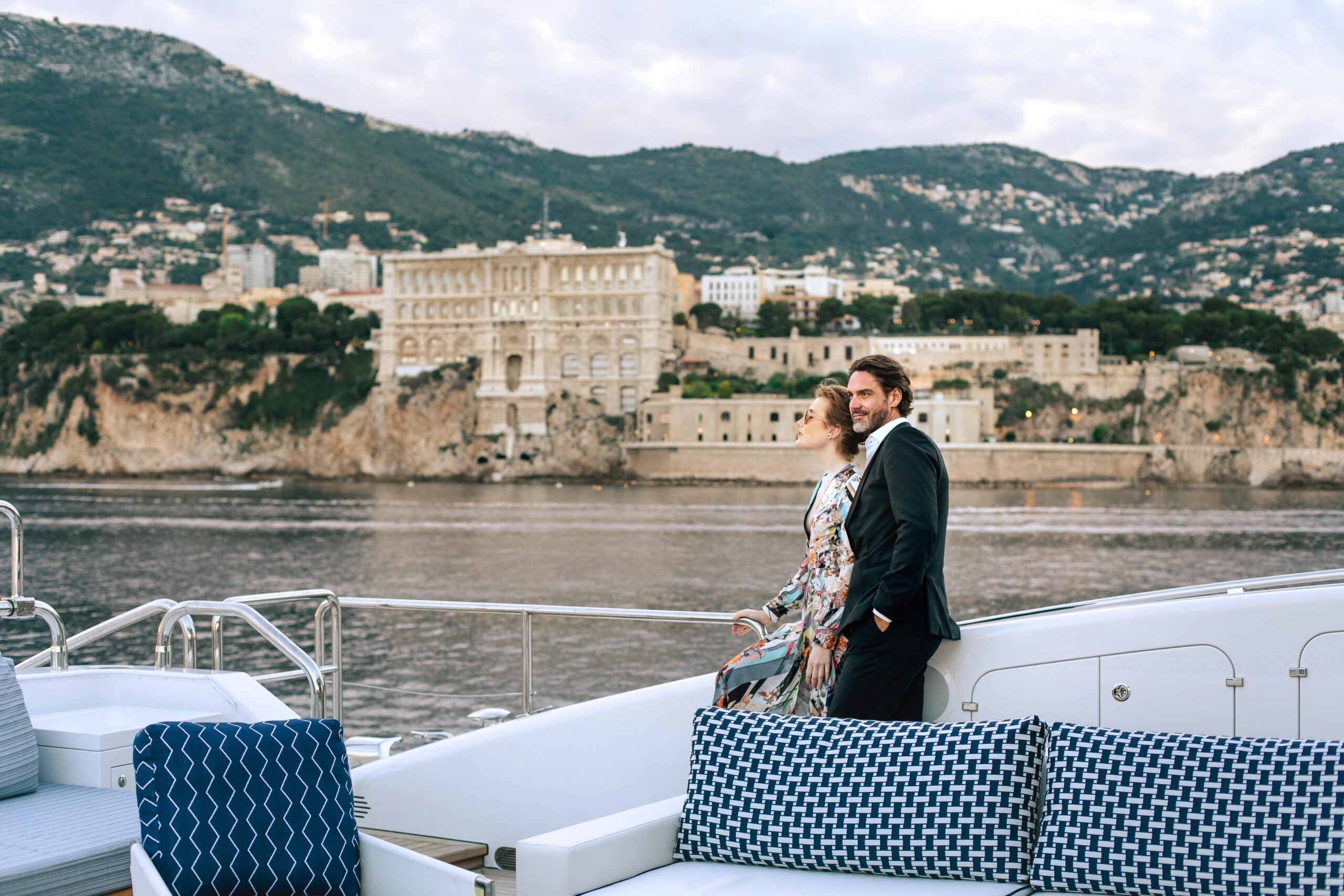 couple on yacht during wedding proposal