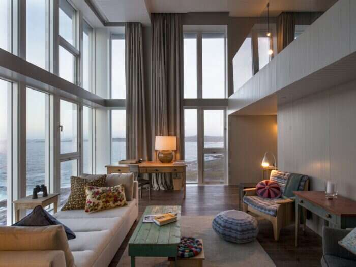 Interiors of the living space in the Flat Earth Suite at Fogo Island Inn