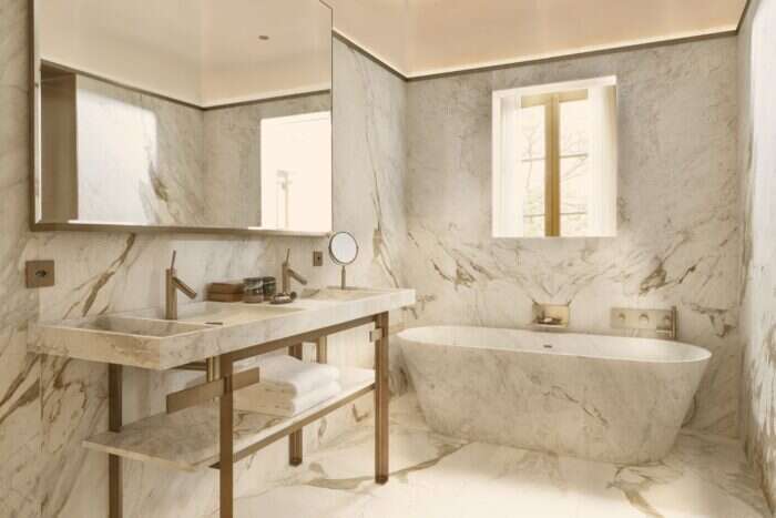 Inside the marble bathroom of the Matarazzo Suite