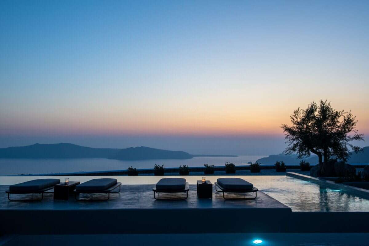 The pool and sea view from Nobu Santorini