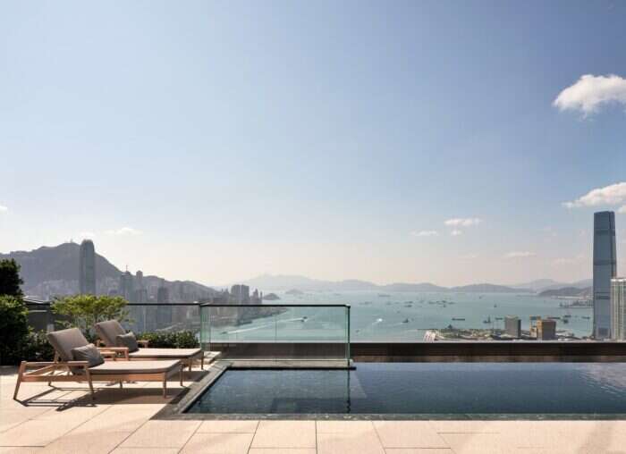 The view from the Harbour House suite at Rosewood Hotels in the city of Hong Kong