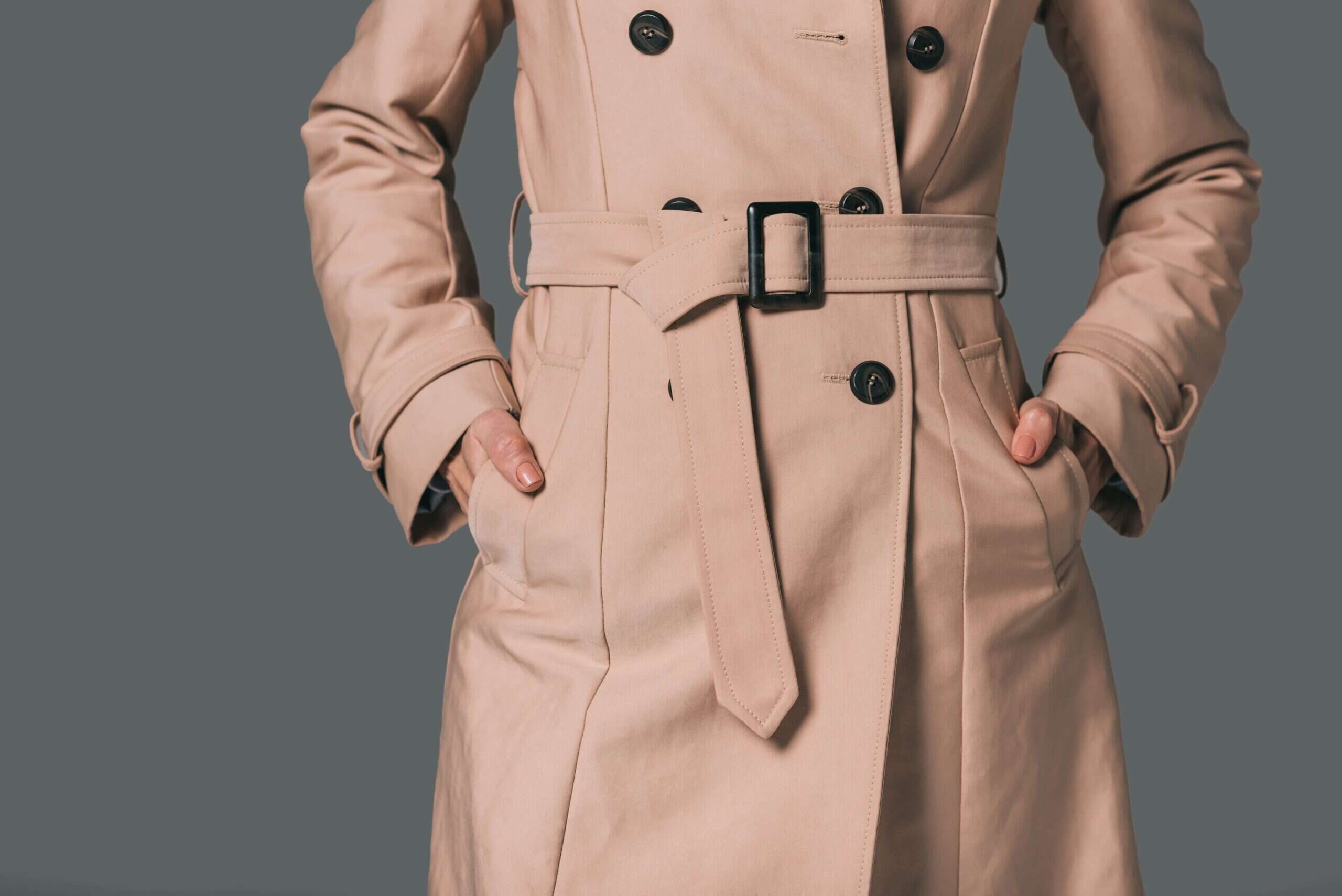 close up of burberry trench coat in spring capsule wardrobe