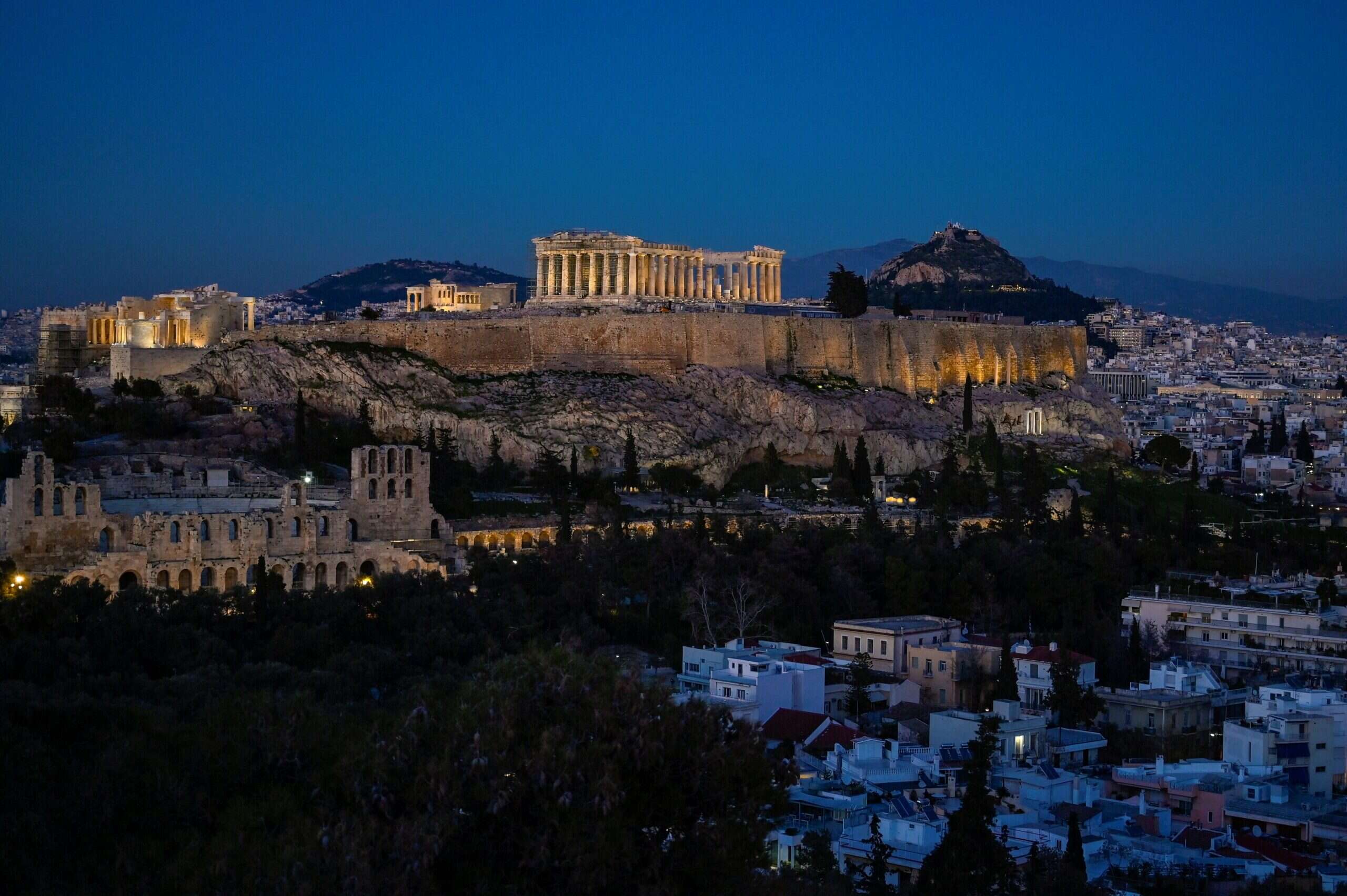 view of athens at night