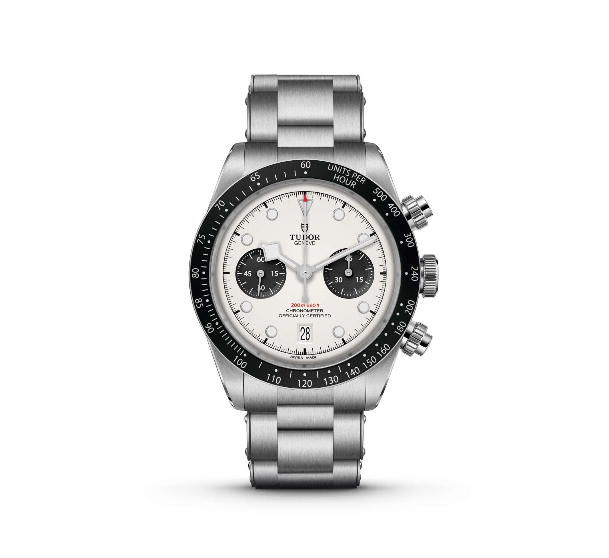 tudor black chronograph steel watch