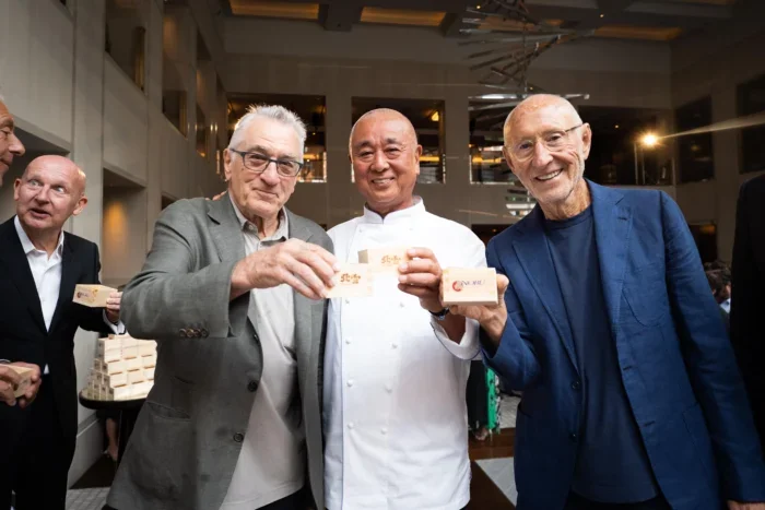 Robert De Niro, Nobu Matsuhisa and Meir Teper at Nobu Sake Ceremony 