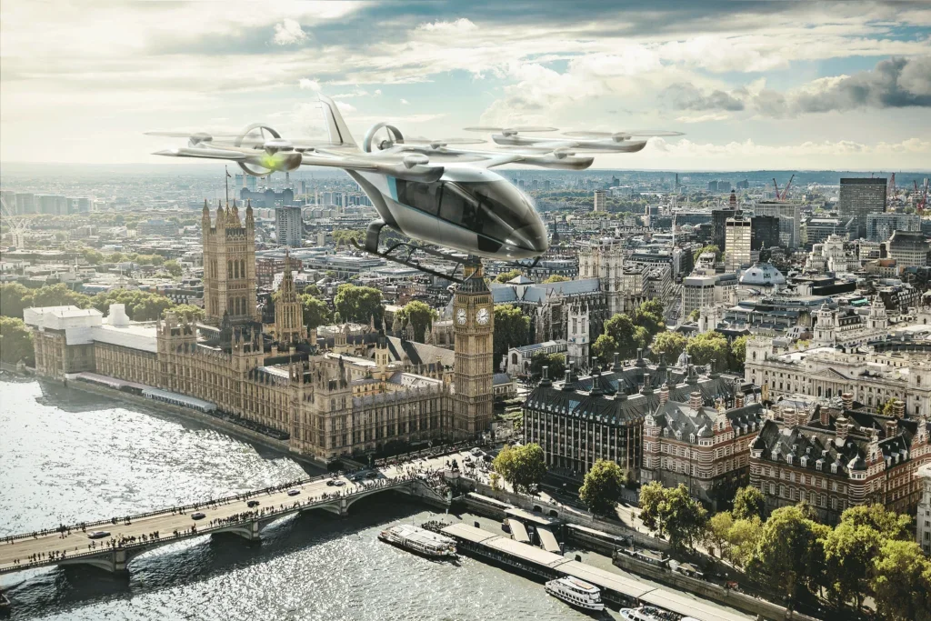 eve eVTOL flying over London