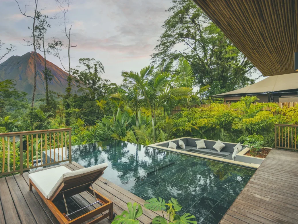 Nayara Tented Camp pool and view of volcano