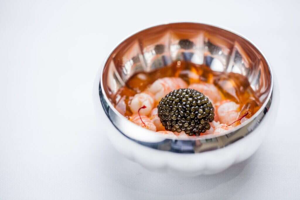 Alain Ducasse’s Gamberoni shrimp and caviar dish