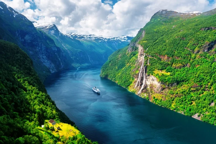 Aerial view of cruise ship passing through Sunnylvsfjorden in Norway