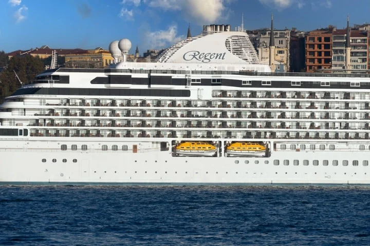Detailed view of Cruise ship Seven Seas Splendor docked at the terminal in Galataport, Istanbul, Turkey