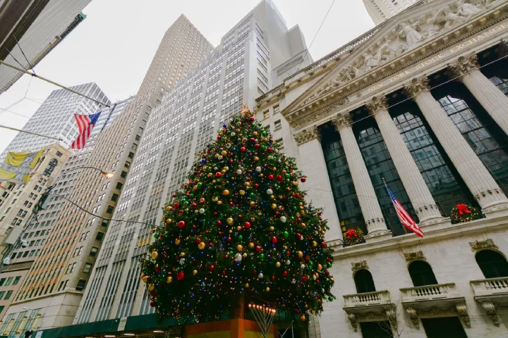 Holiday decorations outside the New York Stock Exchange in Lower Manhattan, during the time of the second-largest point drop of the Dow in history.