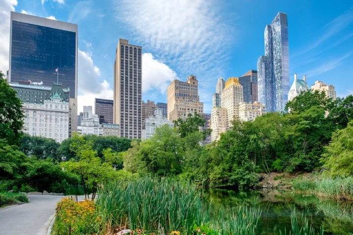Summer scene at Central Park with a view of the Central Park South skyline in midtown Manhattan, New York City