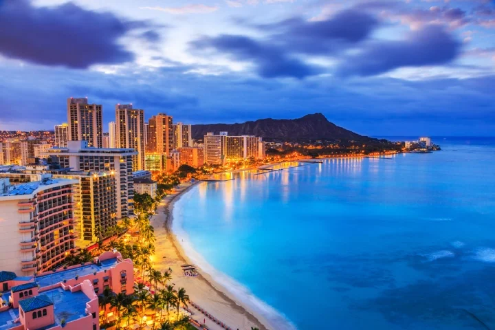 Honolulu skyline, including the Diamond Head Volcano and hotels on Waikiki beach