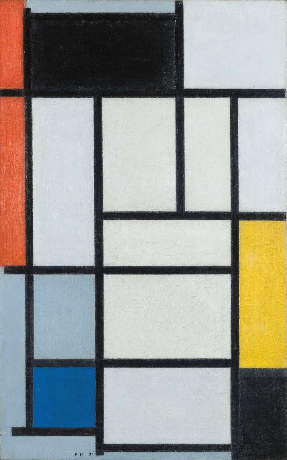 Composition with black, yellow, blue and gray (1921). Piet Mondrian. 