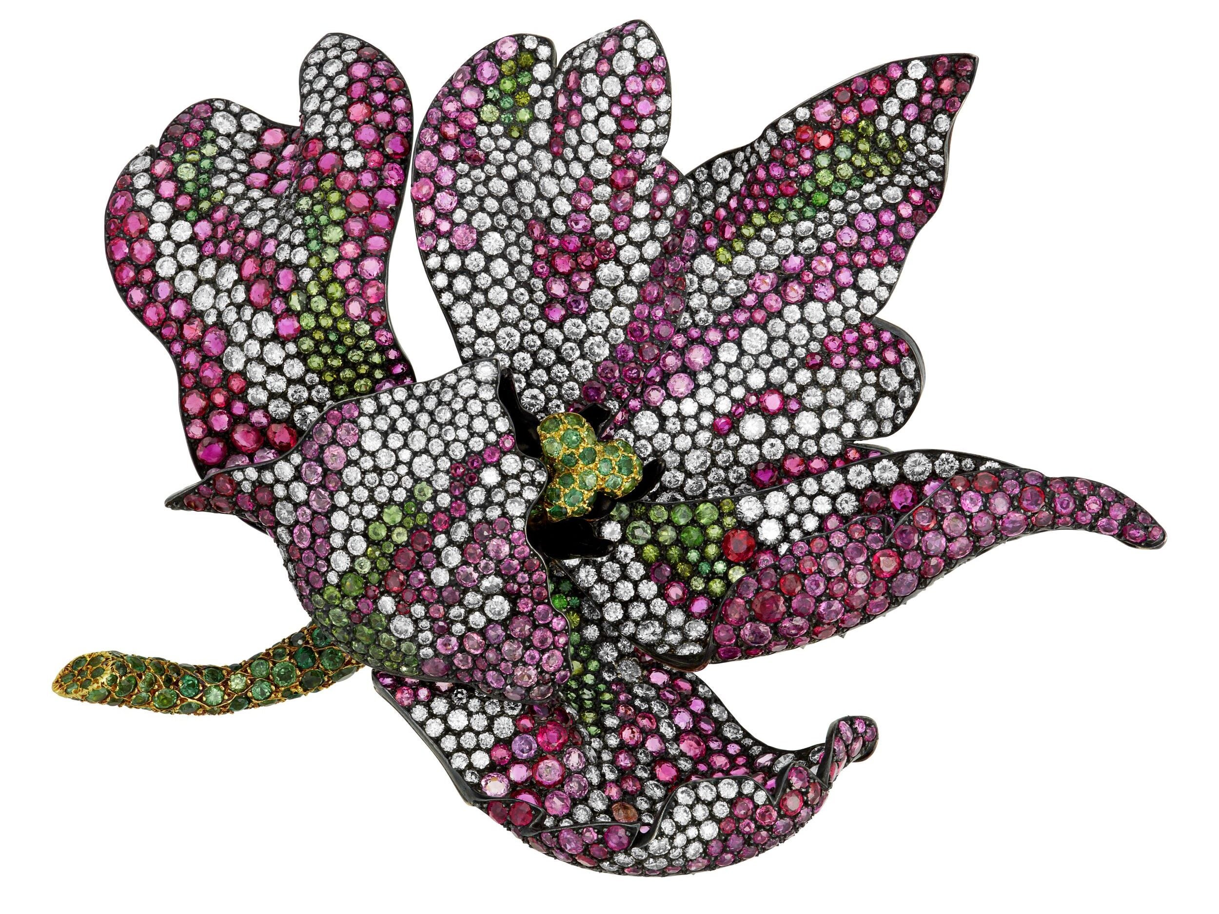 Jar Multi-Gem, Diamond and Lacquer 'Parrot Tulip' Brooch, Christie's jewelry