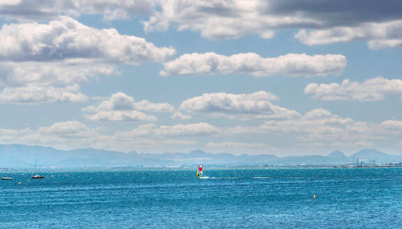 VIEW OF A BATHER PRACTICING windsurfing on the beach of the palm trees of los alcazares, Murcia, Spain on a hot summer day 
