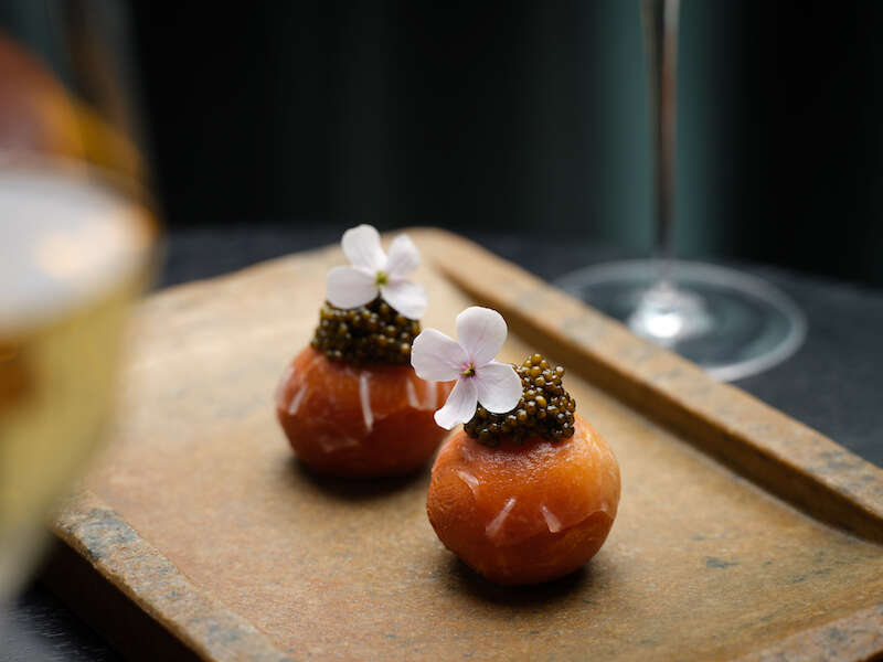 pork doughnut dish at simon rogan aulis restaurant