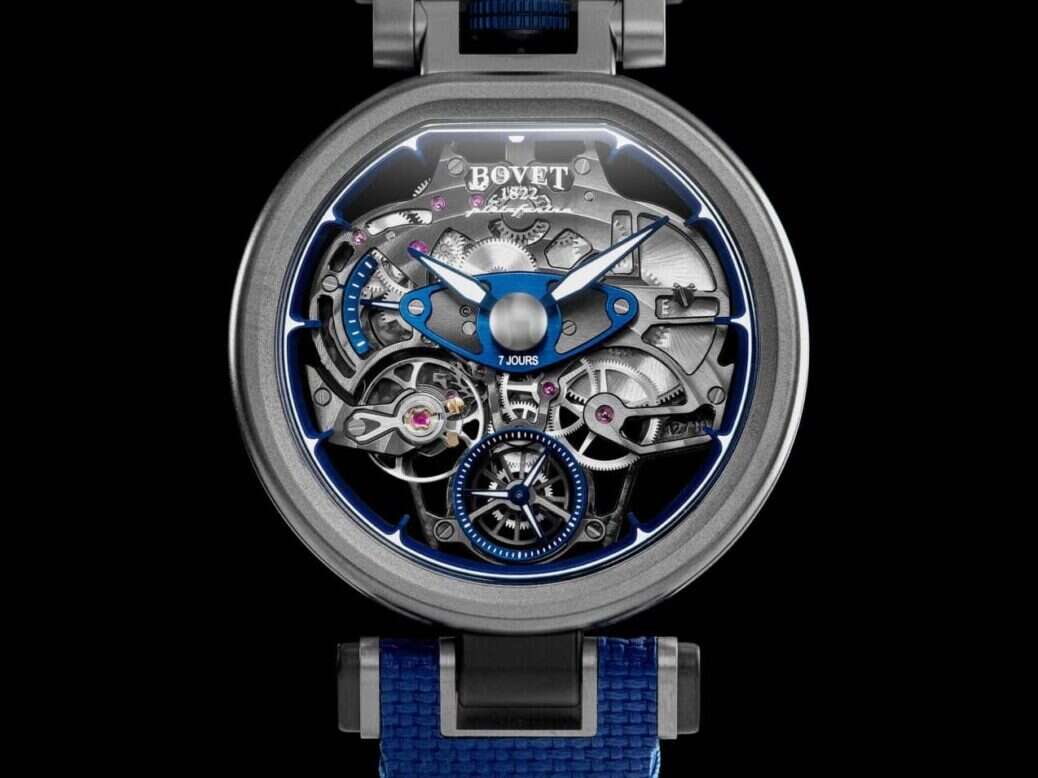 Image of the front of the Aperto 1 show the exposed skeleton mechanics of the watch.
